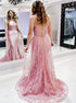 Pink Mermaid Spaghetti Straps Satin Tulle Appliques Criss Cross Prom Dress LBQ4241